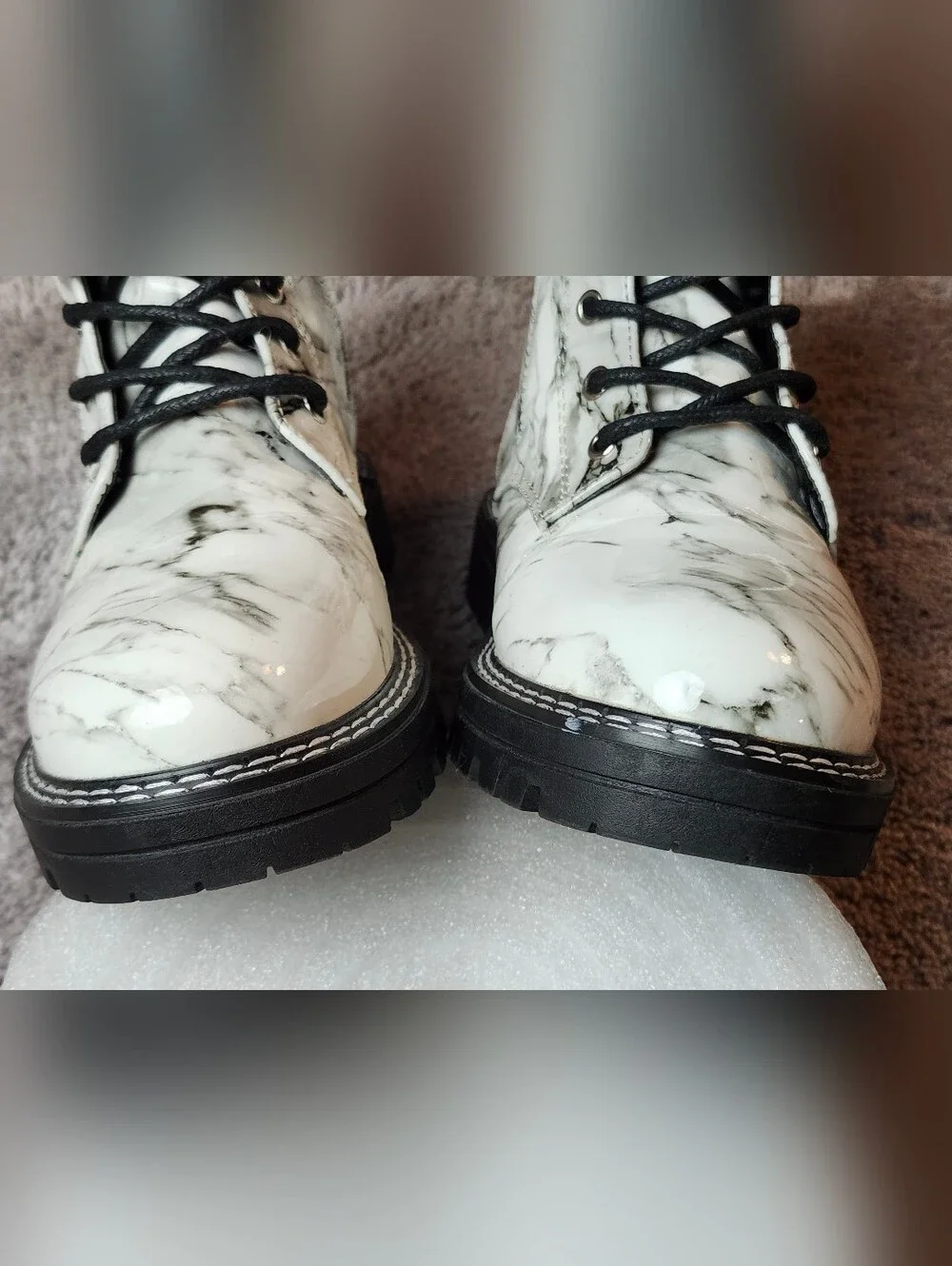 Kids MIA Marble-Print Lace-Up Combat Boots - White/Black